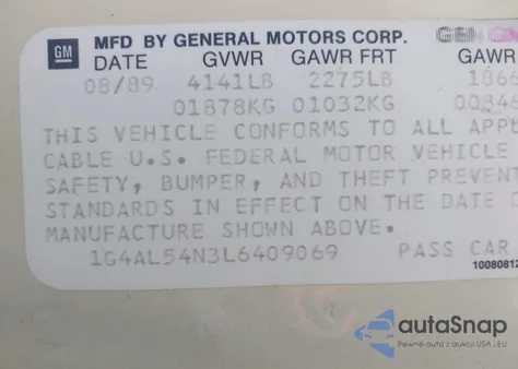 1990 Buick Century Limited z USA, uszkodzony, nr VIN 1G4AL54N3L6409069